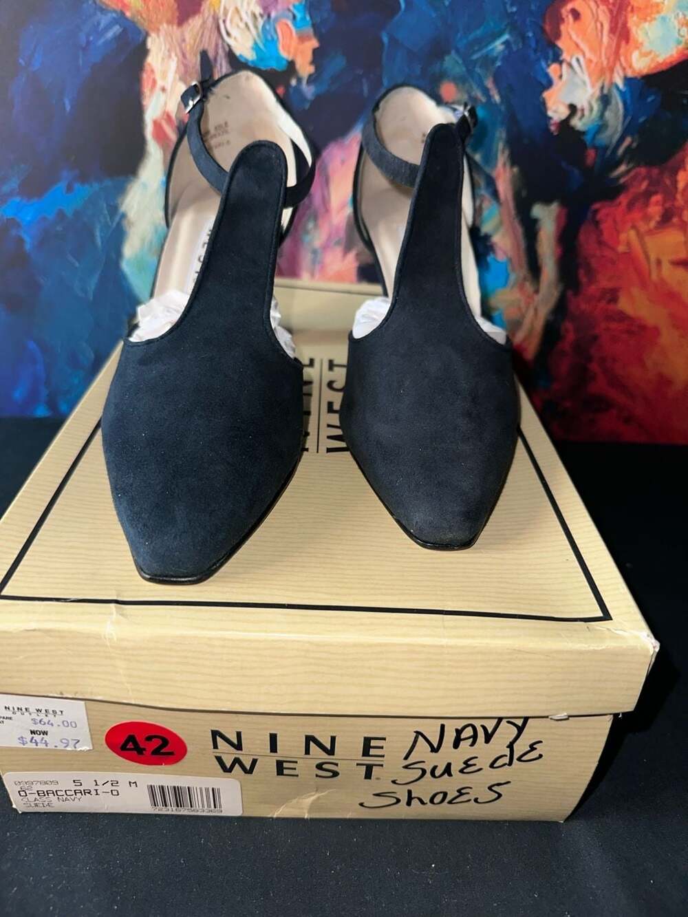 No.42 Nine West O-Baccari-O Navy Suede T-Strap Heels Size 5.5 M